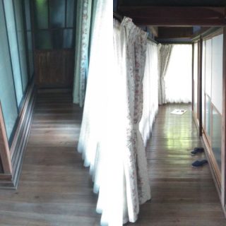 b廊下は劣化して、色あせが目立つ。所々フカフカしていて危なかった